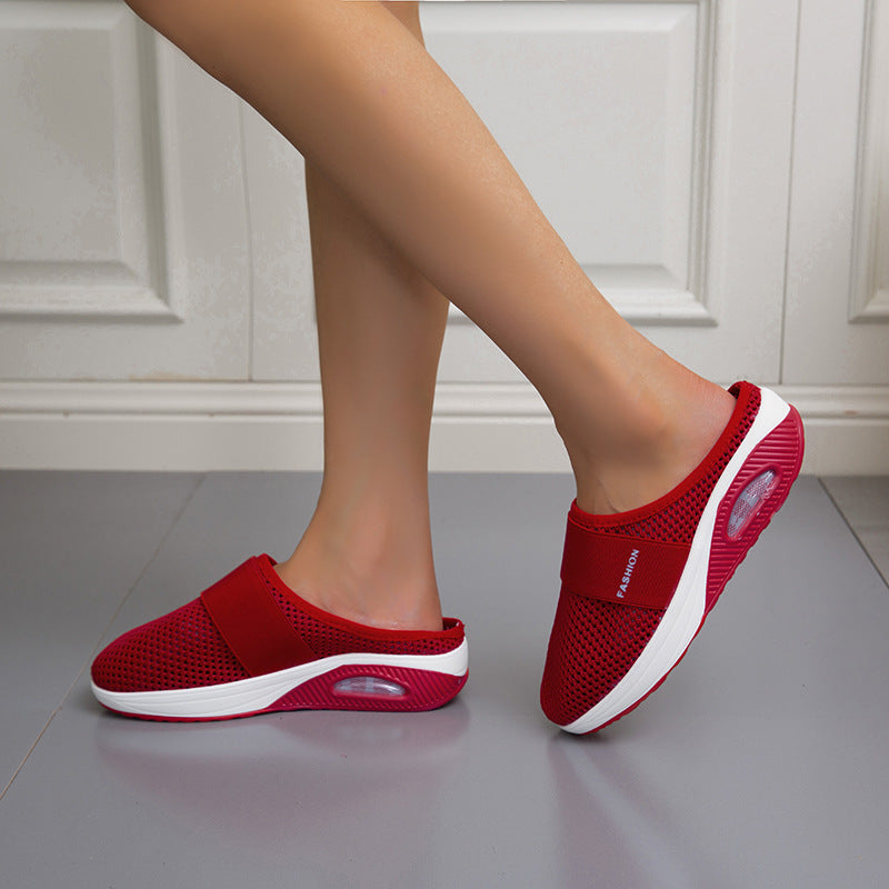 Chaussons à talon compensé rond en maille Baotou décontractés quotidiens grande taille.