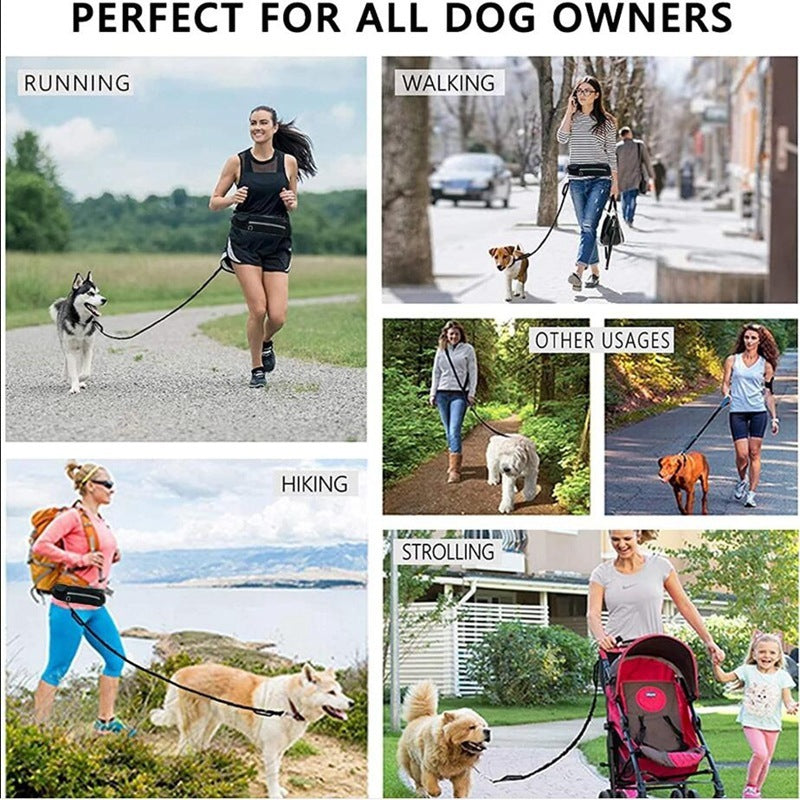 Laisse pour chien mains libres, ceinture de promenade et d'entraînement pour animaux de compagnie avec laisse élastique absorbant les chocs pour chiens de grande taille jusqu'à 180 lbs, poche pour téléphone et support pour bouteille d'eau.