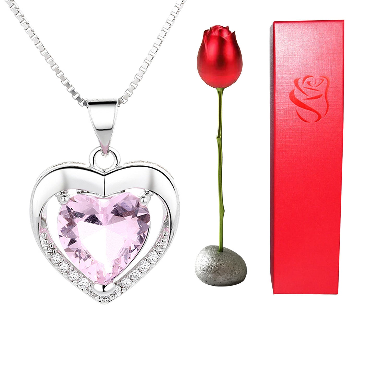 Collier avec pendentif en forme de cœur en cristal bleu violet et diamant en forme de tête de rose pour la Saint-Valentin