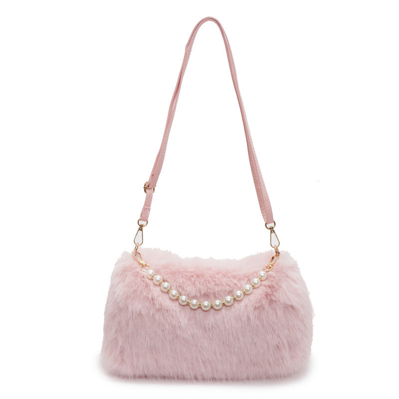 Mode d'automne et d'hiver Sacs à épaule Sac bandoulière en chaîne de perles Sac polyvalent pour le transport Sac en peluche pour femmes