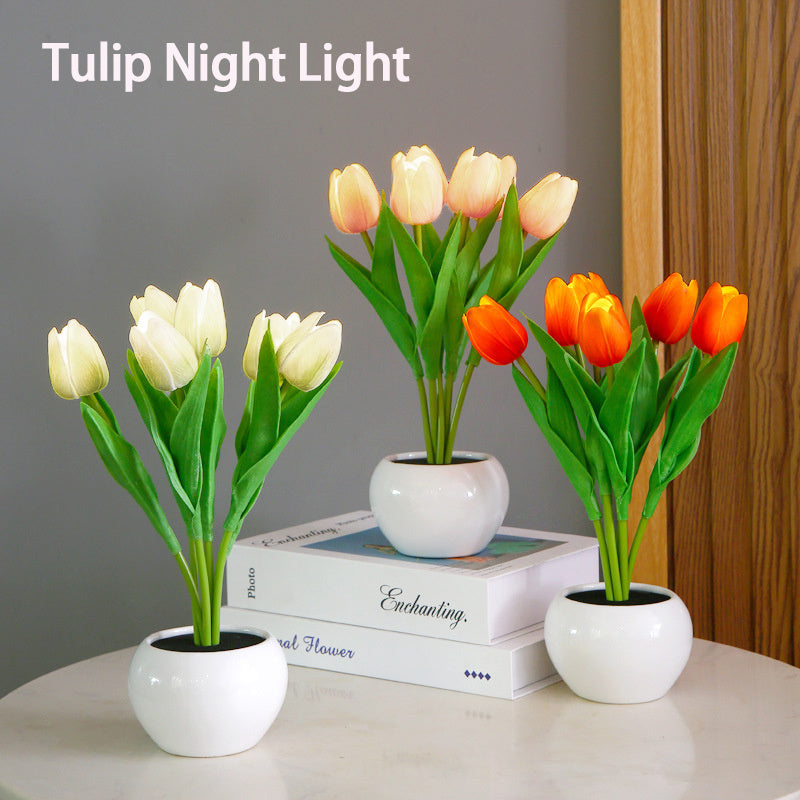 Lampe de table à lumière nocturne en forme de tulipe LED, plante artificielle en pot, décoration de paysage, cadeau pour la maison, la chambre à coucher et le salon.