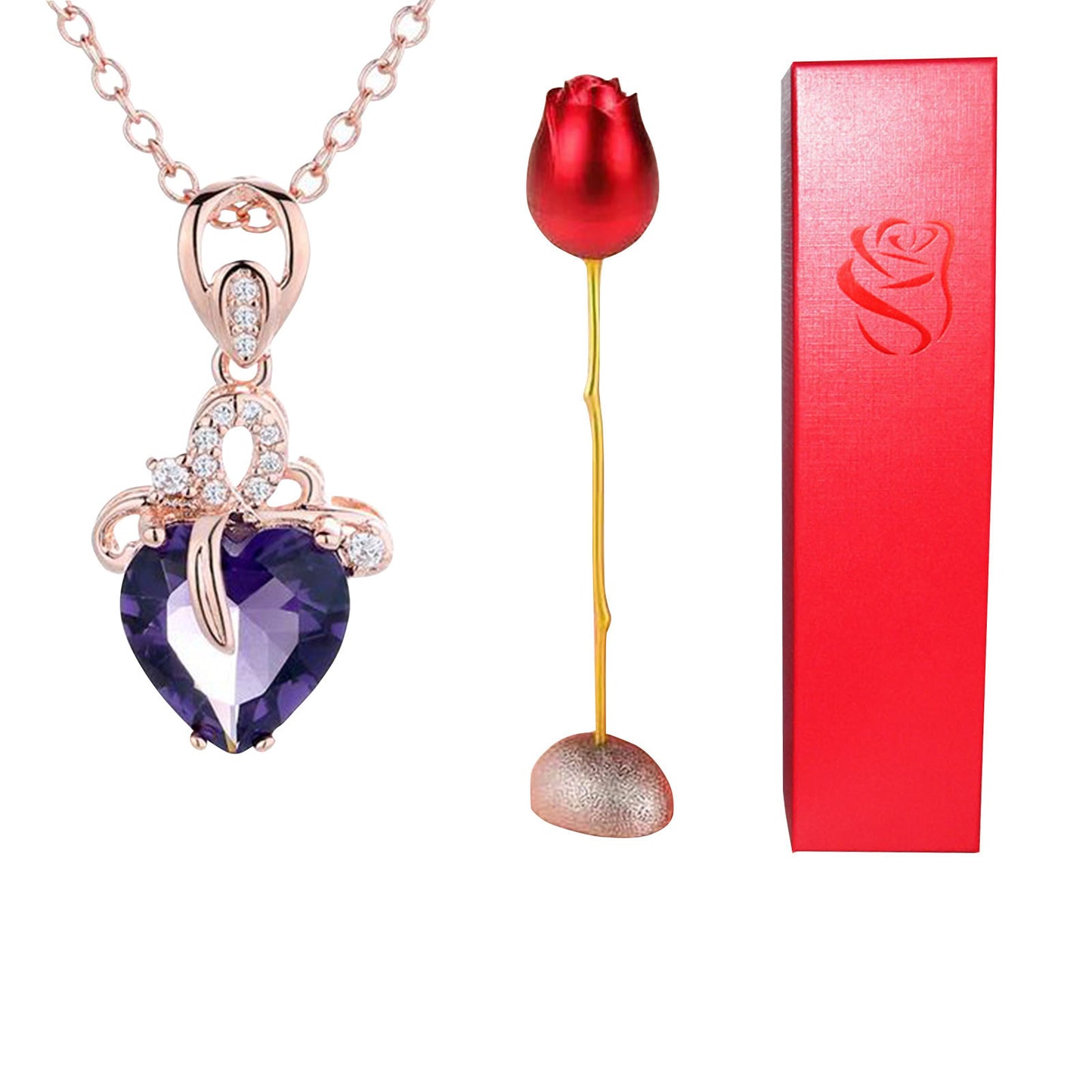 Collier avec pendentif en forme de cœur en cristal bleu violet et diamant en forme de tête de rose pour la Saint-Valentin