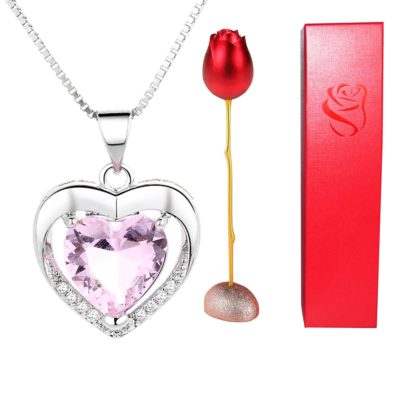 Collier avec pendentif en forme de cœur en cristal bleu violet et diamant en forme de tête de rose pour la Saint-Valentin