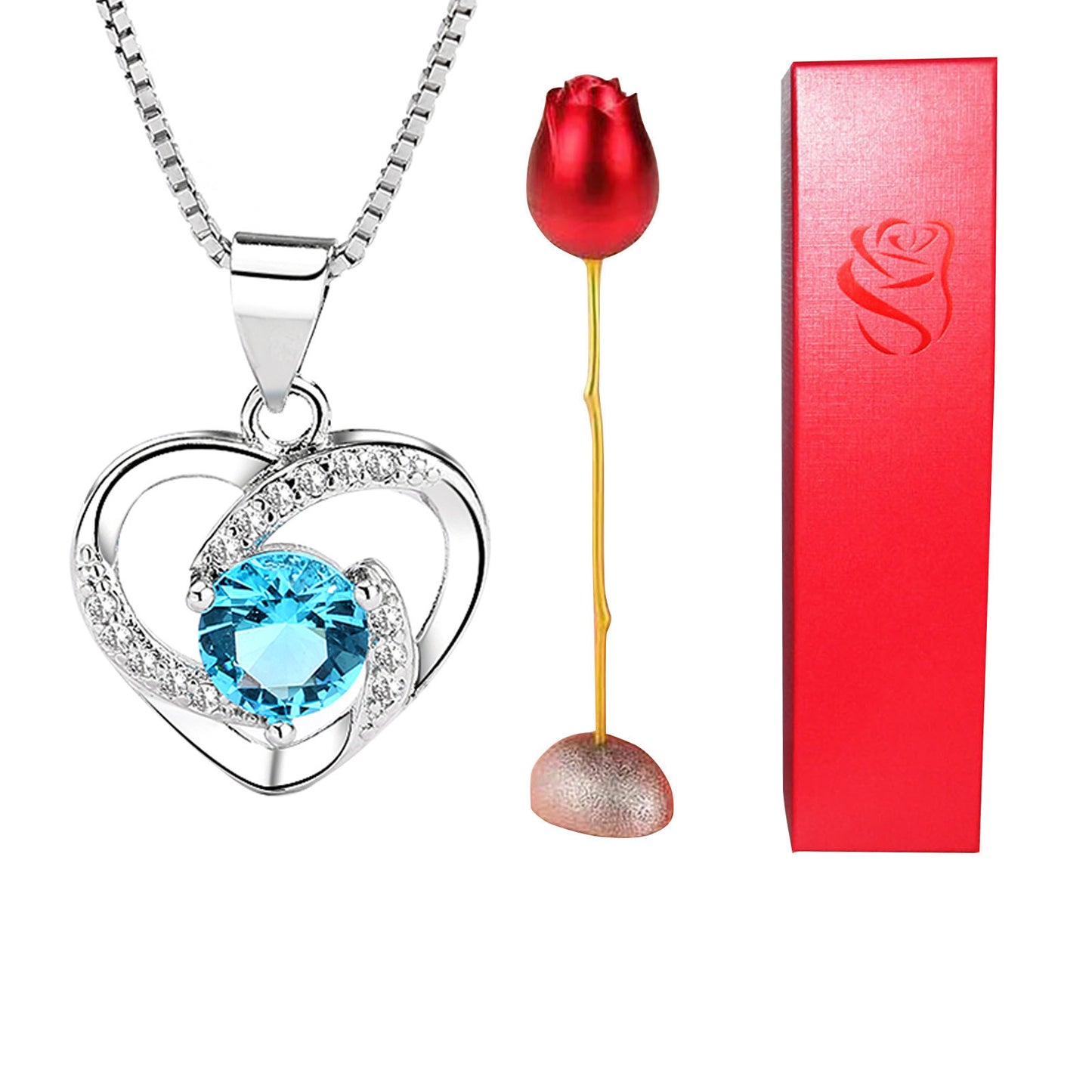 Collier avec pendentif en forme de cœur en cristal bleu violet et diamant en forme de tête de rose pour la Saint-Valentin