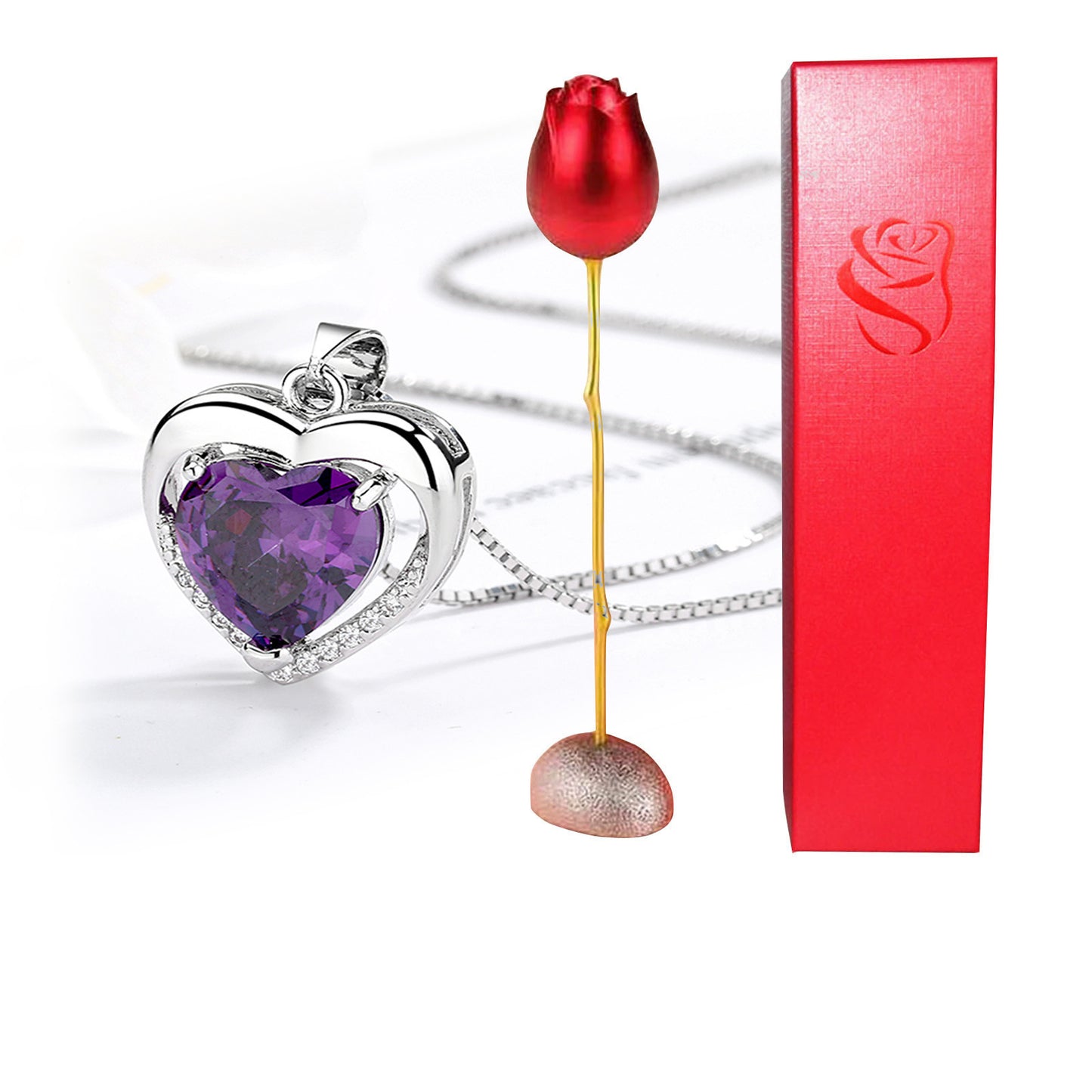 Collier avec pendentif en forme de cœur en cristal bleu violet et diamant en forme de tête de rose pour la Saint-Valentin