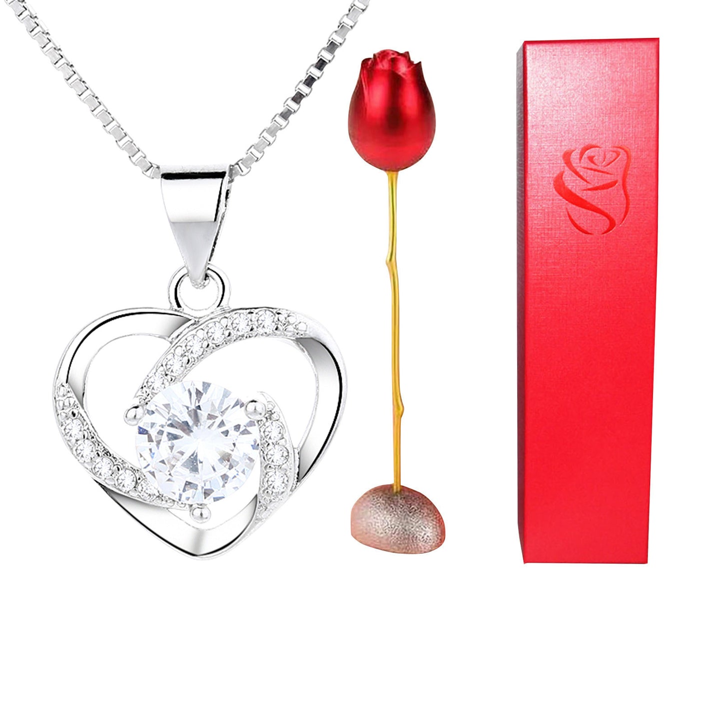 Collier avec pendentif en forme de cœur en cristal bleu violet et diamant en forme de tête de rose pour la Saint-Valentin