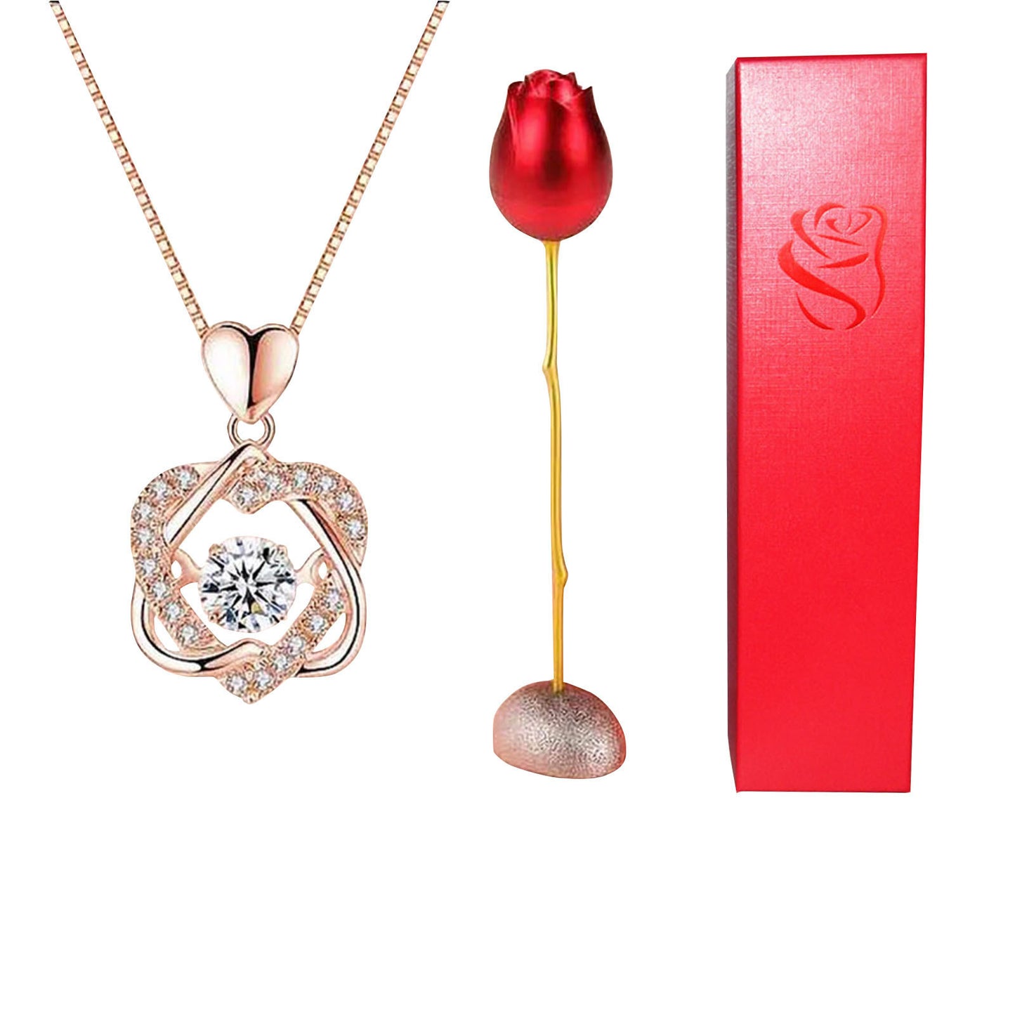 Collier avec pendentif en forme de cœur en cristal bleu violet et diamant en forme de tête de rose pour la Saint-Valentin