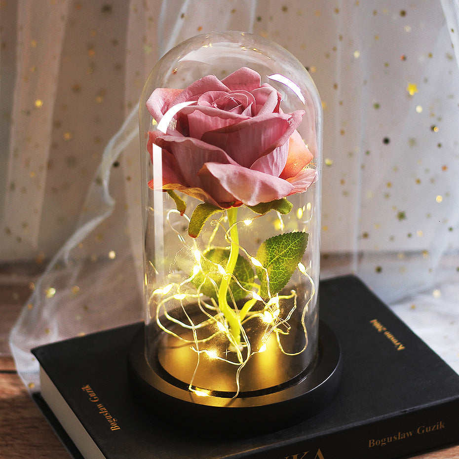 Cadeaux de mariage pour la fête des mères, cadeau de demoiselle d'honneur, rose en simulation immortelle, couvercle en verre lumineux, ornement LED.