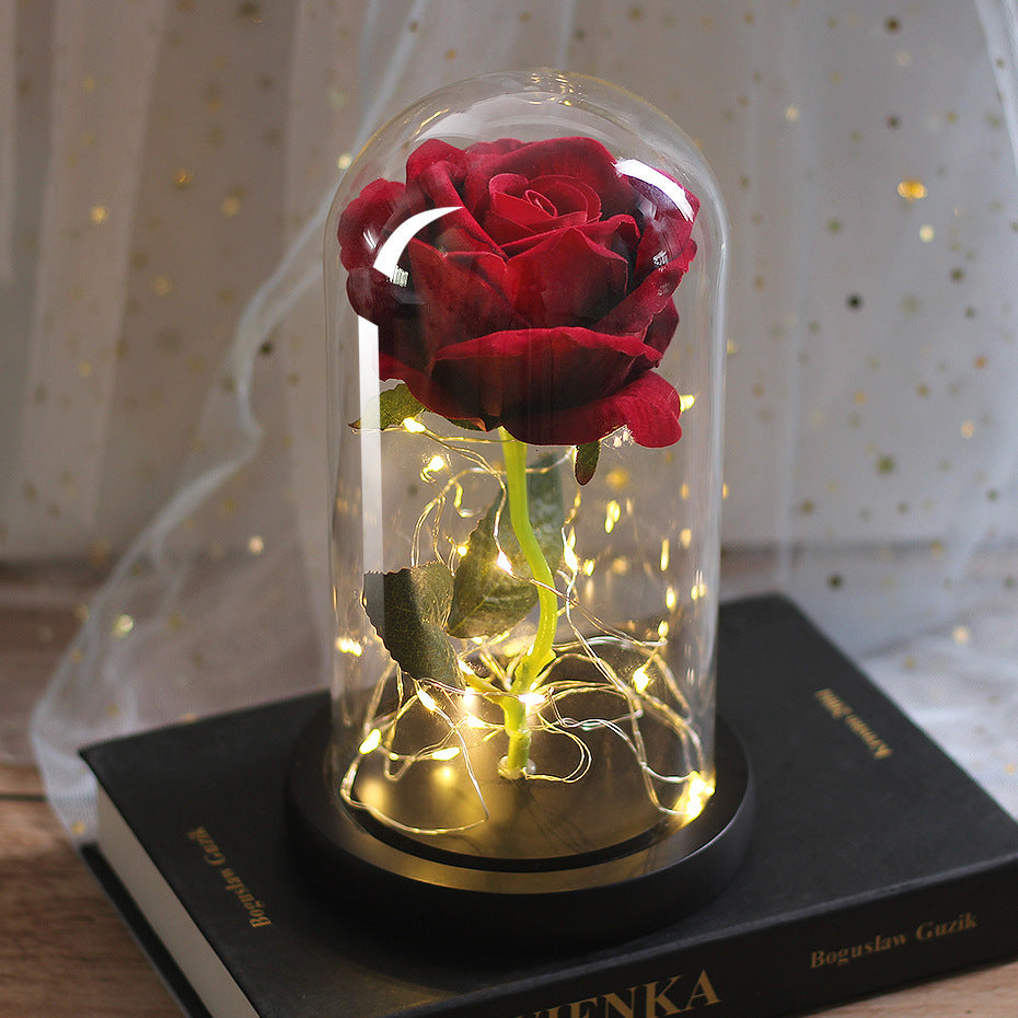 Cadeaux de mariage pour la fête des mères, cadeau de demoiselle d'honneur, rose en simulation immortelle, couvercle en verre lumineux, ornement LED.