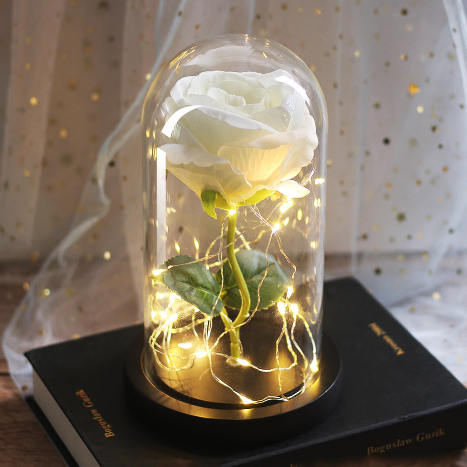 Cadeaux de mariage pour la fête des mères, cadeau de demoiselle d'honneur, rose en simulation immortelle, couvercle en verre lumineux, ornement LED.