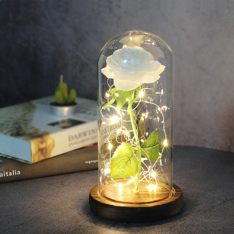 Cadeaux de mariage pour la fête des mères, cadeau de demoiselle d'honneur, rose en simulation immortelle, couvercle en verre lumineux, ornement LED.