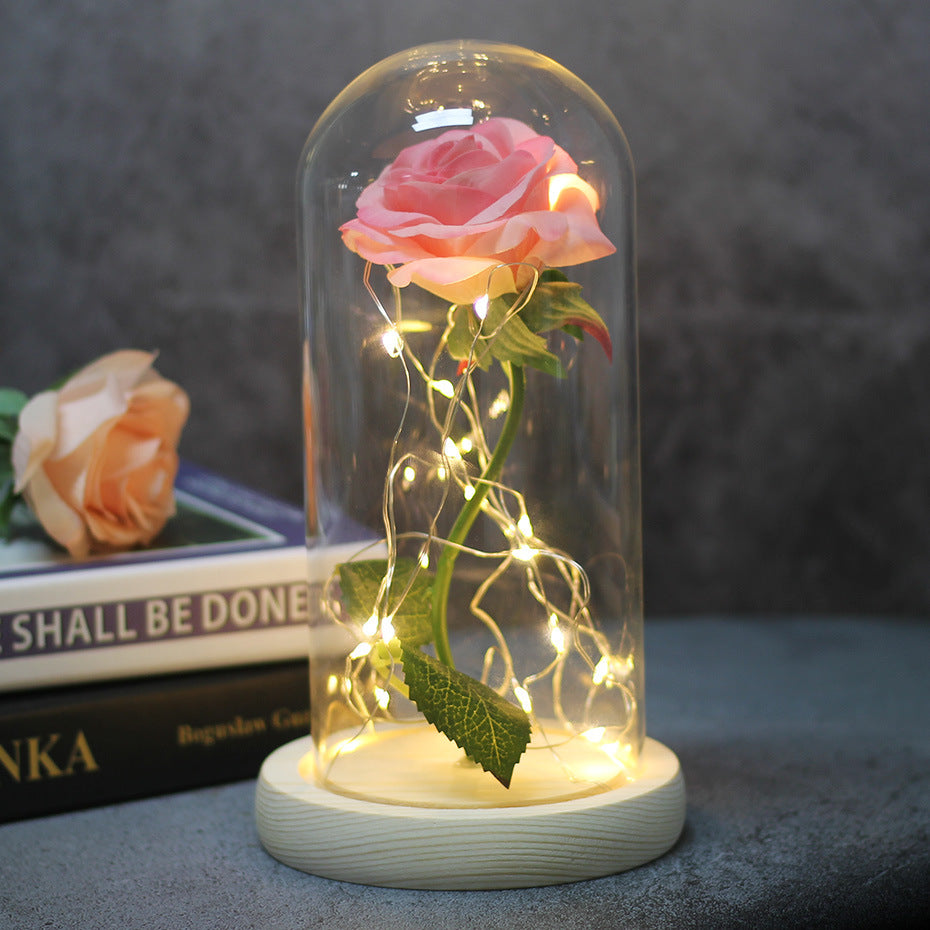 Cadeaux de mariage pour la fête des mères, cadeau de demoiselle d'honneur, rose en simulation immortelle, couvercle en verre lumineux, ornement LED.