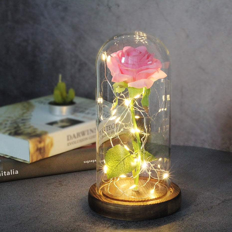 Cadeaux de mariage pour la fête des mères, cadeau de demoiselle d'honneur, rose en simulation immortelle, couvercle en verre lumineux, ornement LED.