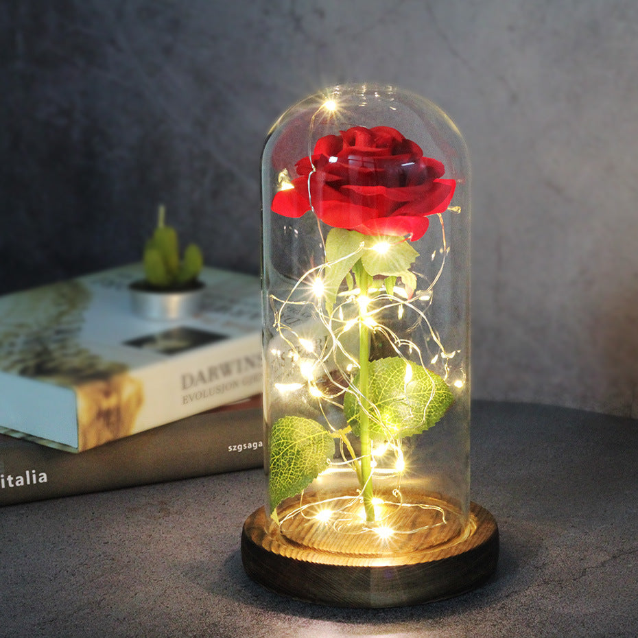 Cadeaux de mariage pour la fête des mères, cadeau de demoiselle d'honneur, rose en simulation immortelle, couvercle en verre lumineux, ornement LED.