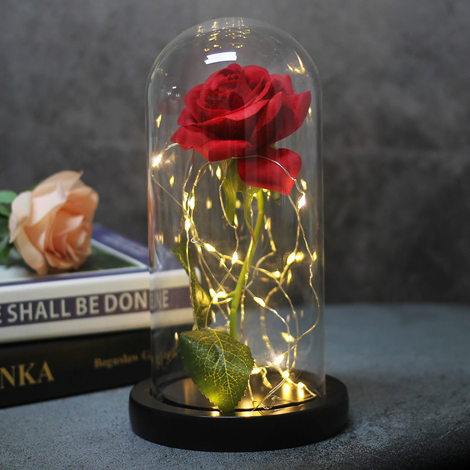 Cadeaux de mariage pour la fête des mères, cadeau de demoiselle d'honneur, rose en simulation immortelle, couvercle en verre lumineux, ornement LED.