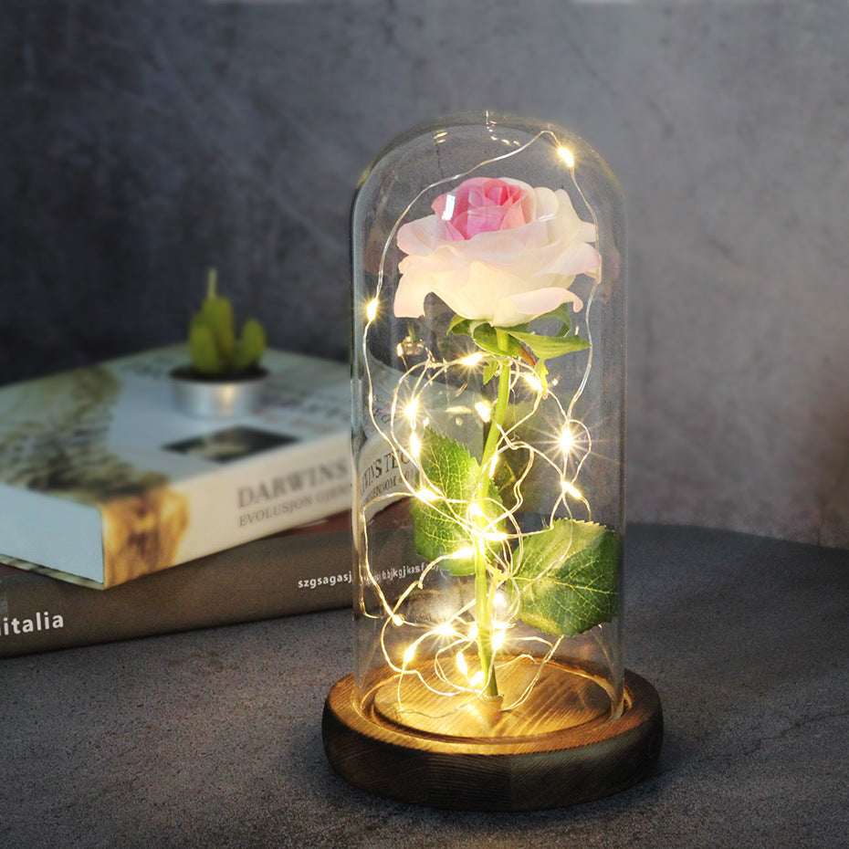 Cadeaux de mariage pour la fête des mères, cadeau de demoiselle d'honneur, rose en simulation immortelle, couvercle en verre lumineux, ornement LED.