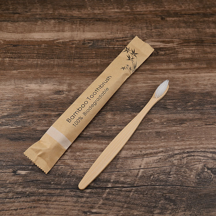 Brosse à dents plate en bambou, sac en papier kraft