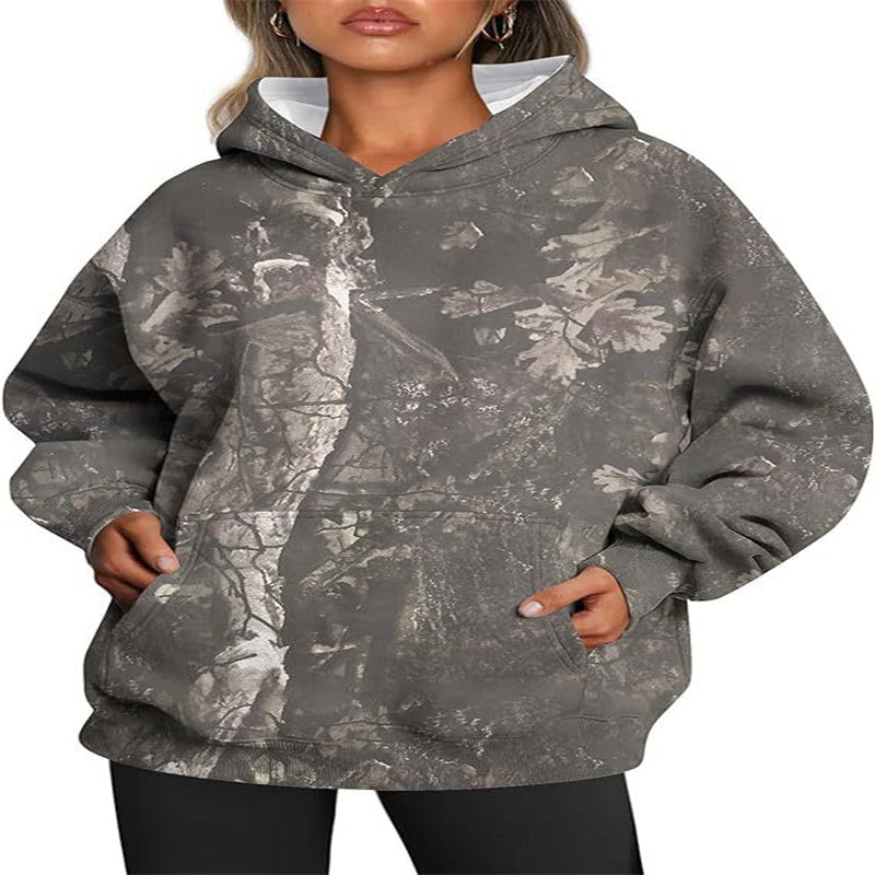 Sweat à capuche camouflage pour femme Sweat à capuche de sport surdimensionné à imprimé feuille d'érable