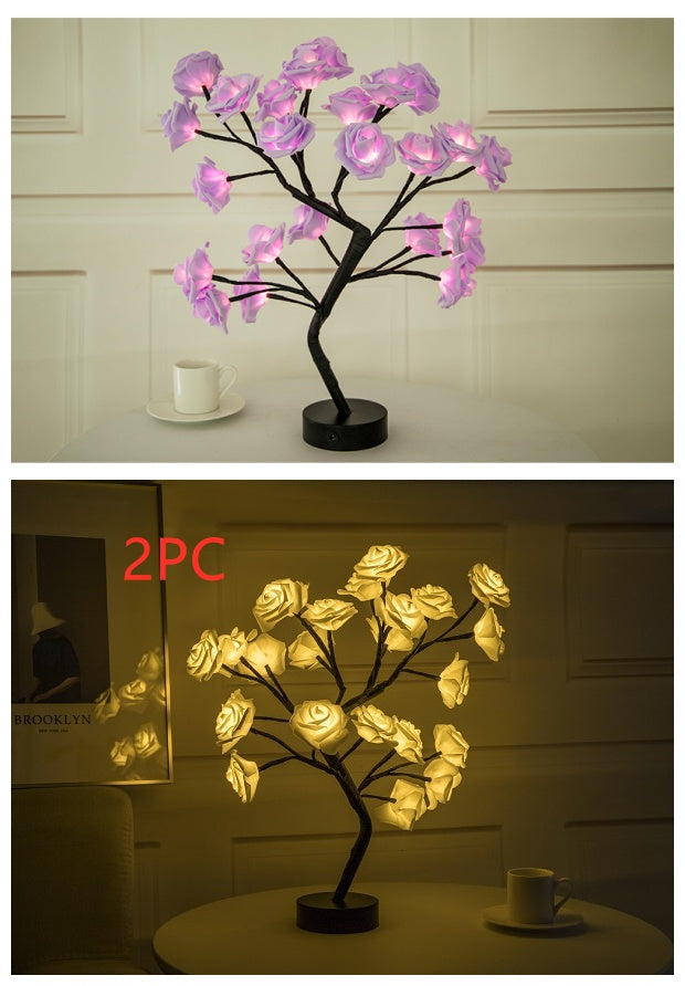 Lampe de table LED à piles USB en forme de fleur de rose, guirlande lumineuse pour arbre bonsaï, décoration de chambre à coucher, décoration d'intérieur