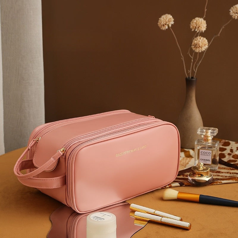 Trousse de maquillage à trois couches à double fermeture éclair en forme de U, trousse de maquillage tendance de grande capacité, sac de rangement portable en cuir PU pour produits de soins de la peau