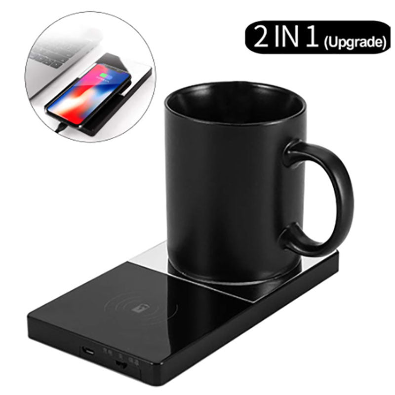 Chargeur sans fil électrique de tasse chauffante 2 en 1 pour café et lait à domicile et au bureau.
