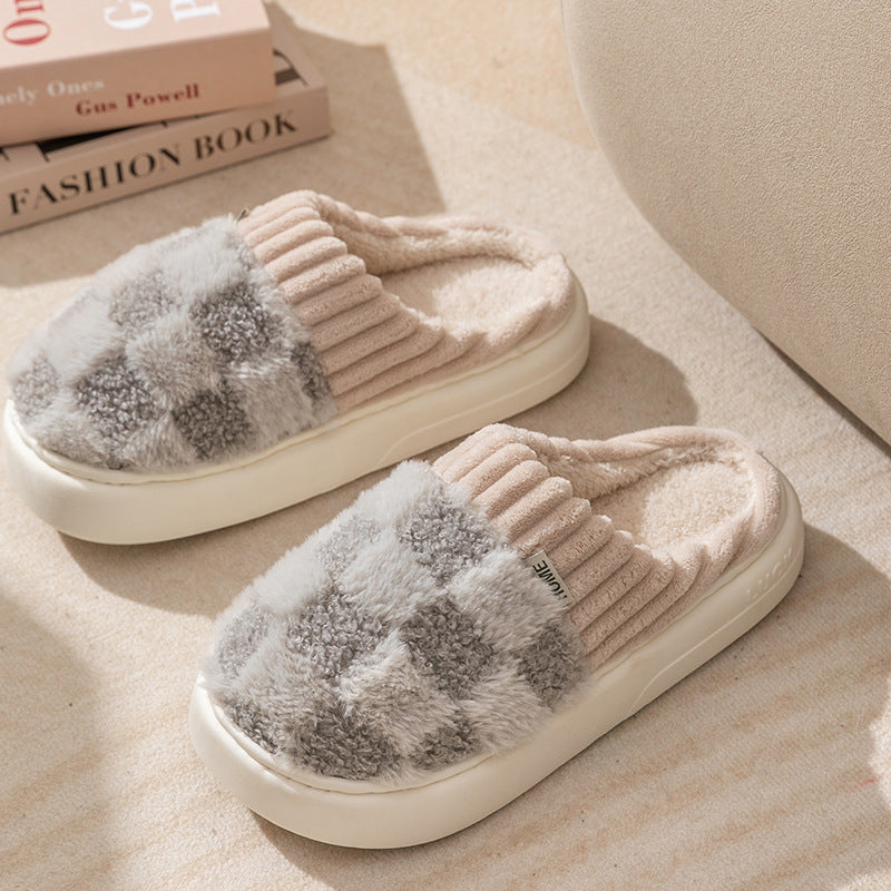 Pantoufles en peluche à carreaux pour femmes, pantoufles d'intérieur en peluche, semelles souples, épaisses, antidérapantes, chaussures de maison chaudes pour couple, automne et hiver