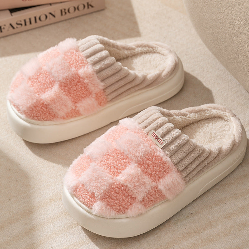 Pantoufles en peluche à carreaux pour femmes, pantoufles d'intérieur en peluche, semelles souples, épaisses, antidérapantes, chaussures de maison chaudes pour couple, automne et hiver