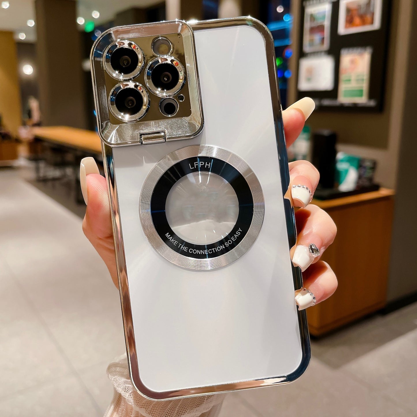 Coque de téléphone électroplaquée, plaquage de luxe, motif CD, étui avec support Magsafe pour 12 13 14 Pro Max, support de caméra invisible, support d'objectif, aspiration magnétique.