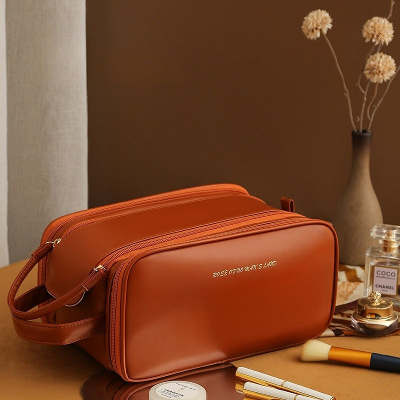 Trousse de maquillage à trois couches à double fermeture éclair en forme de U, trousse de maquillage tendance de grande capacité, sac de rangement portable en cuir PU pour produits de soins de la peau