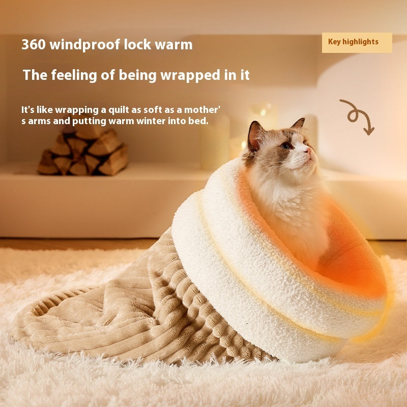 Sac de couchage pour animaux de compagnie d'hiver chaud et doux en peluche, nid semi-fermé pour chats, sac de couchage confortable pour la maison, accessoires pour lits de chats et de chiens.