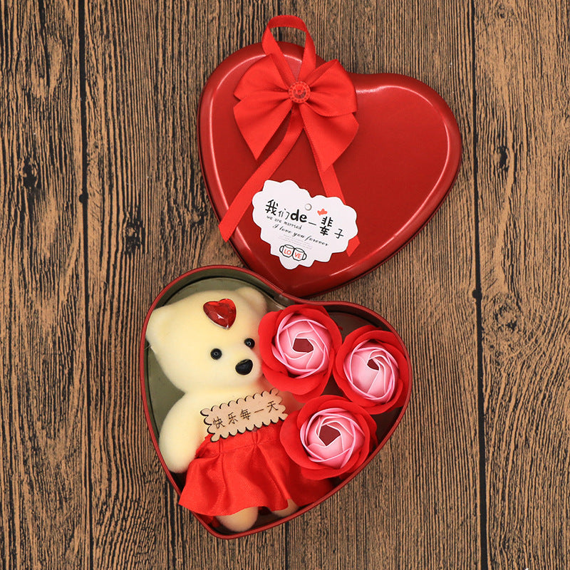 Coffret cadeau fleur de savon Cadeau Saint Valentin Fête des Mères Cadeaux créatifs Ours Fleur Rose Boîte en fer blanc en forme de cœur