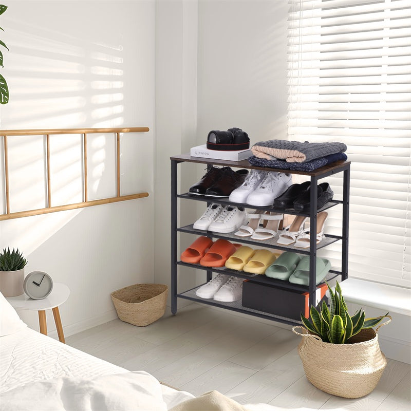 Étagère à chaussures à 4 niveaux avec grille Étagère à chaussures rustique en bois avec crochet pour manteau, adaptée au cadre en acier du vestiaire du salon à la porte d'entrée du couloir