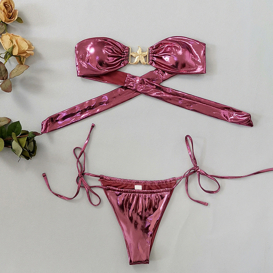 Bikini tube top fendu bleu brillant étoile de mer dorée pour femmes