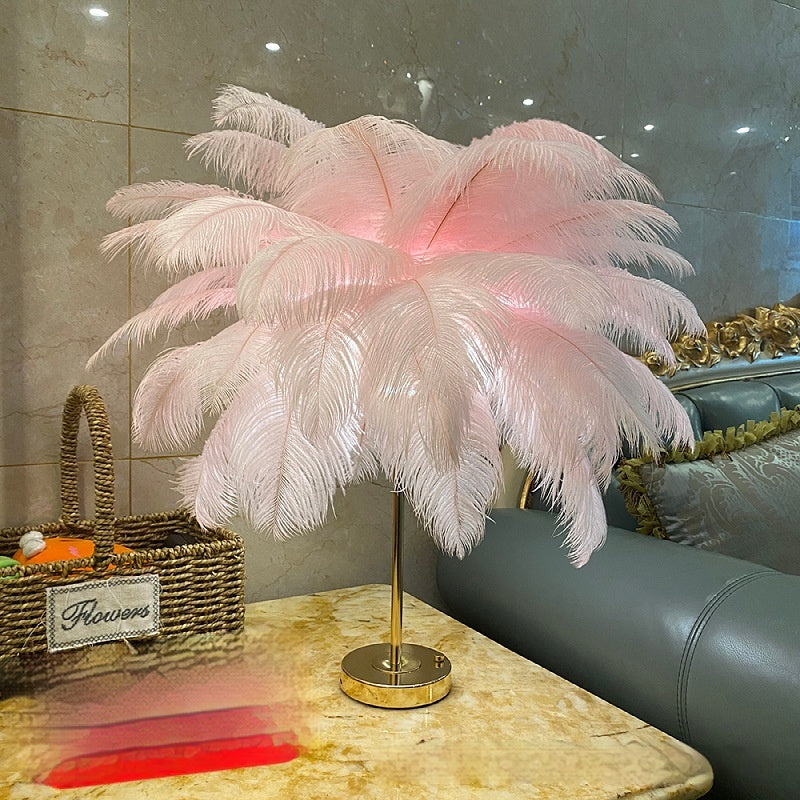 Lampe de nuit à chargement USB en plumes d'autruche naturelles, atmosphère pour la chambre des filles, véritable plumes.