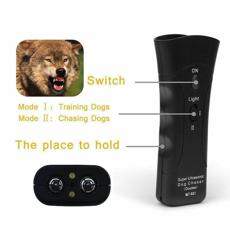 Dispositif de formation pour chiens anti-aboiement 3-en-1, répulsif ultrasonique pour chiens, lampe de poche à LED.