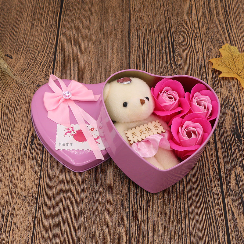 Coffret cadeau fleur de savon Cadeau Saint Valentin Fête des Mères Cadeaux créatifs Ours Fleur Rose Boîte en fer blanc en forme de cœur