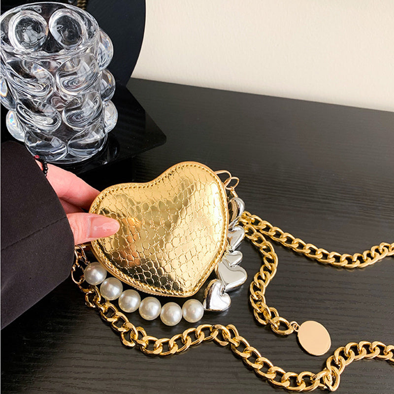 Mini sac à main en perles en forme de cœur, mode, joli sac à lèvres en chaîne, sac à bandoulière pour femmes, couleur bonbon lumineuse.