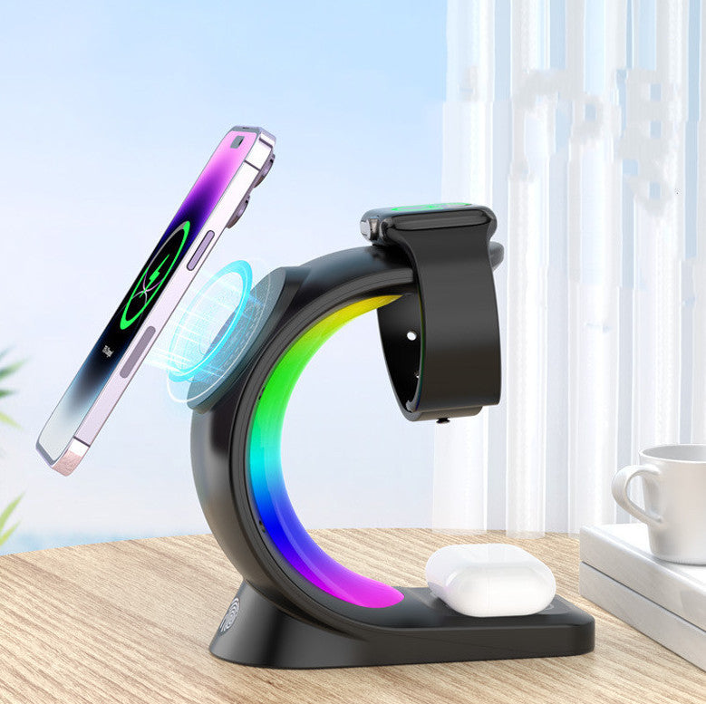 Chargeur sans fil magnétique 4 en 1 avec charge rapide pour smartphone, station de charge à lumière d'ambiance pour AirPods Pro et montre iPhone.