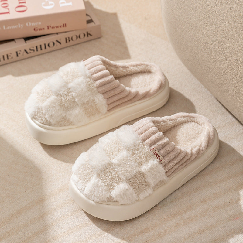 Pantoufles en peluche à carreaux pour femmes, pantoufles d'intérieur en peluche, semelles souples, épaisses, antidérapantes, chaussures de maison chaudes pour couple, automne et hiver