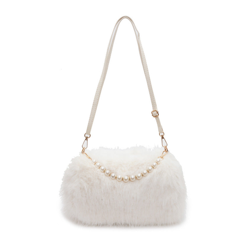 Mode d'automne et d'hiver Sacs à épaule Sac bandoulière en chaîne de perles Sac polyvalent pour le transport Sac en peluche pour femmes