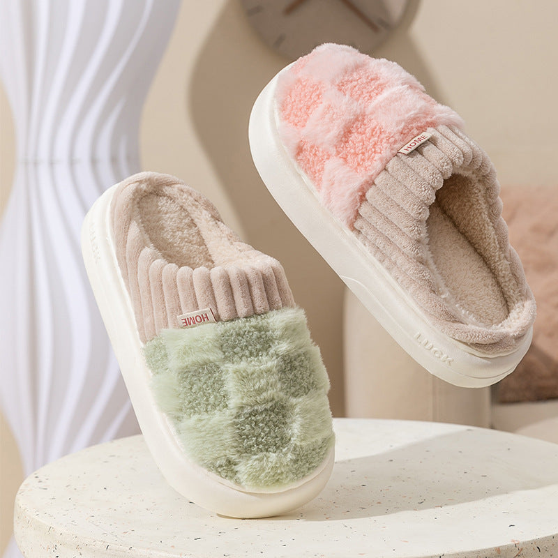 Pantoufles en peluche à carreaux pour femmes, pantoufles d'intérieur en peluche, semelles souples, épaisses, antidérapantes, chaussures de maison chaudes pour couple, automne et hiver