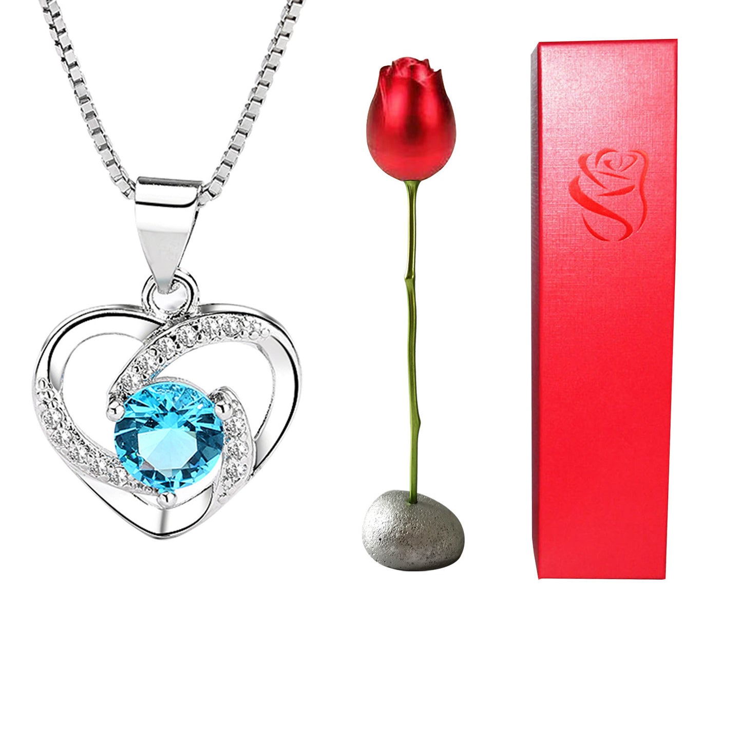Collier avec pendentif en forme de cœur en cristal bleu violet et diamant en forme de tête de rose pour la Saint-Valentin