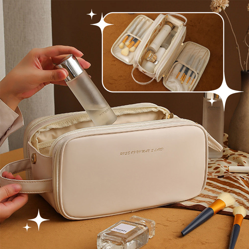 Trousse de maquillage à trois couches à double fermeture éclair en forme de U, trousse de maquillage tendance de grande capacité, sac de rangement portable en cuir PU pour produits de soins de la peau