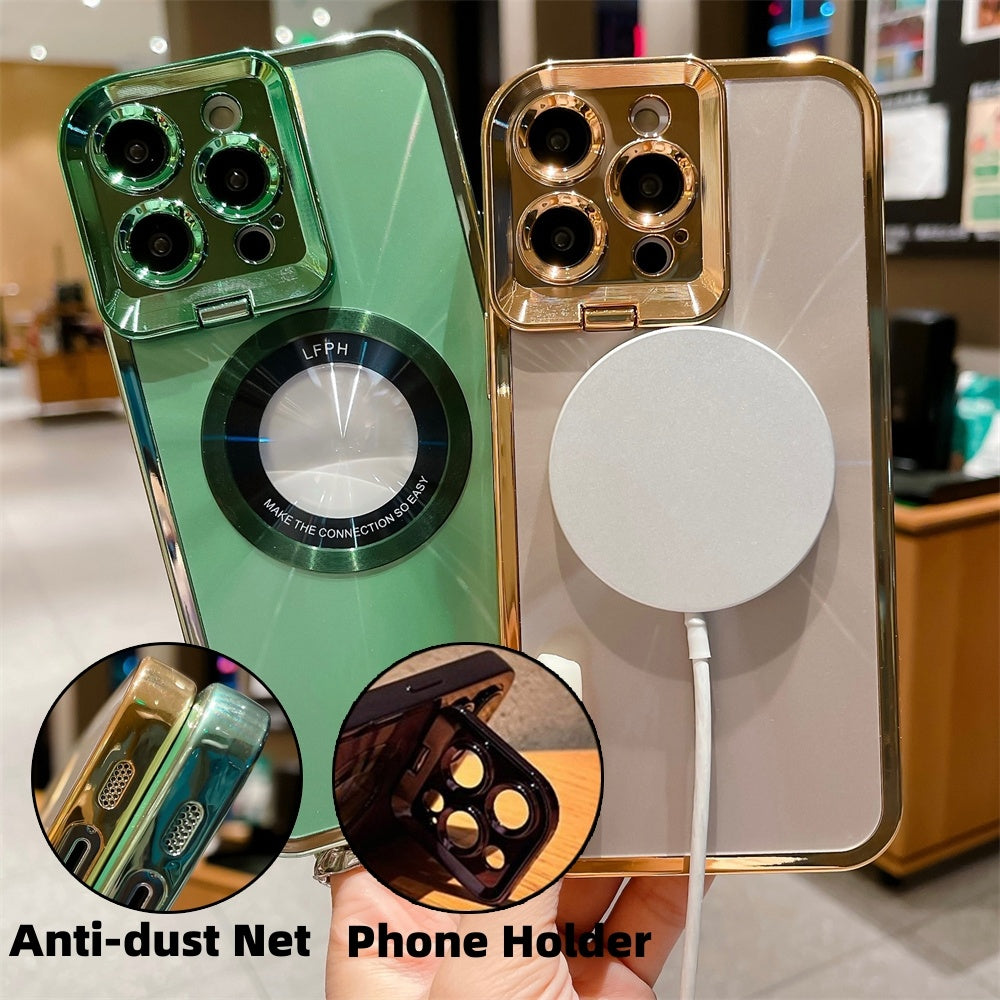 Coque de téléphone électroplaquée, plaquage de luxe, motif CD, étui avec support Magsafe pour 12 13 14 Pro Max, support de caméra invisible, support d'objectif, aspiration magnétique.