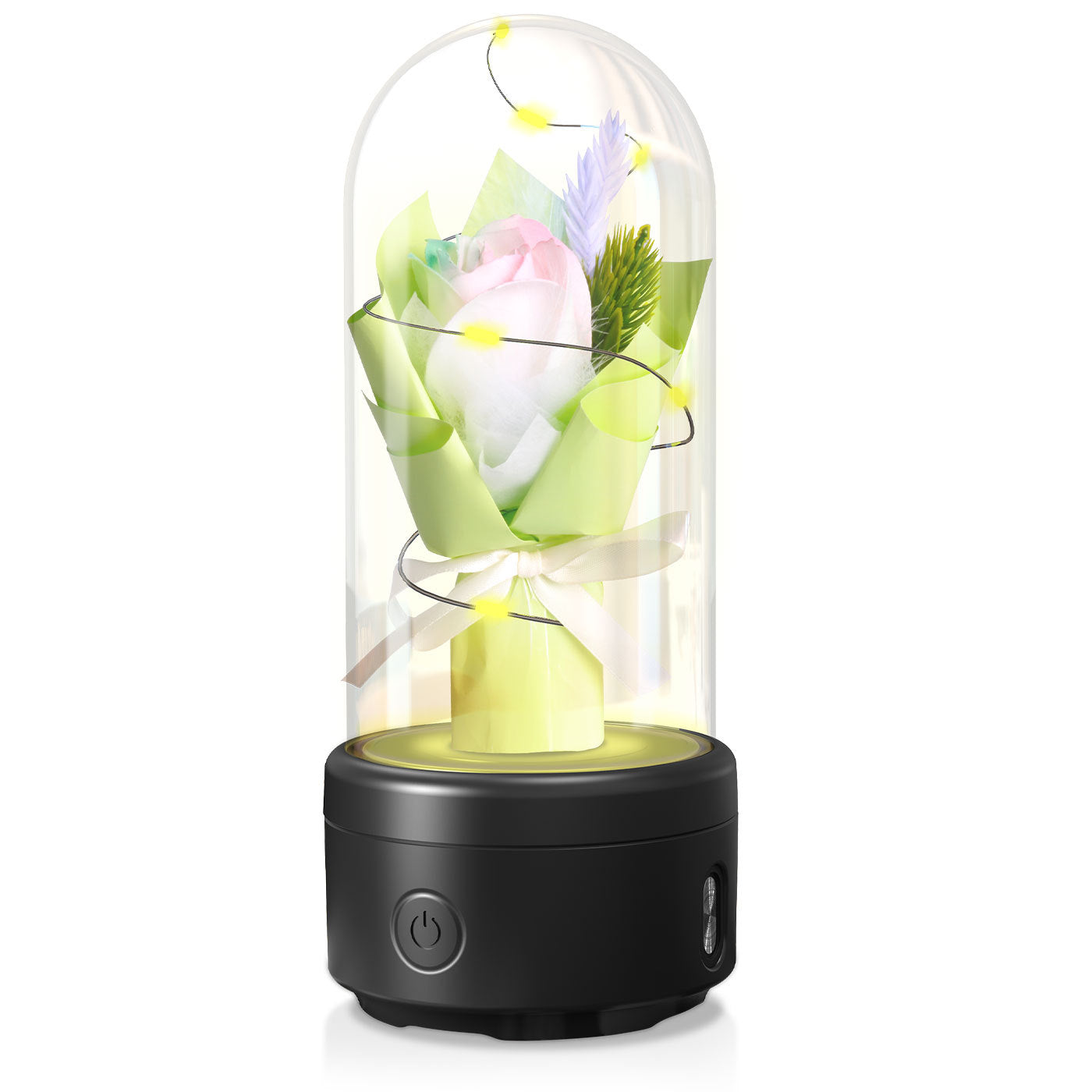 Bouquet créatif 2 en 1 avec lumière LED et haut-parleur compatible Bluetooth, cadeau de fête des mères, veilleuse lumineuse en forme de rose, ornement dans un couvercle en verre