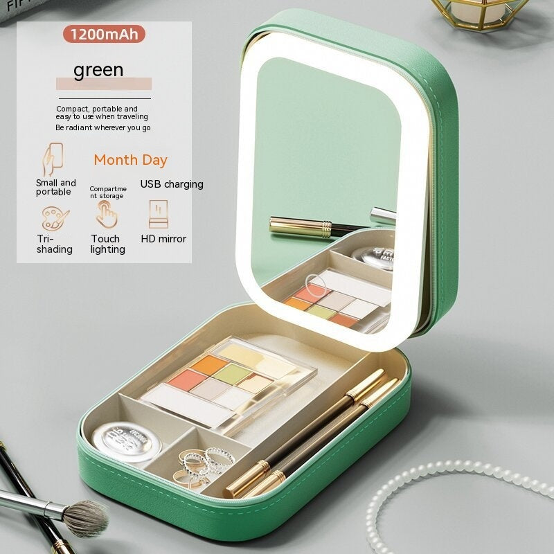 Boîte de rangement de maquillage avec miroir lumineux LED, boîte de rangement portable de voyage pour cosmétiques et maquillage, organisateur de rangement à lumière tactile