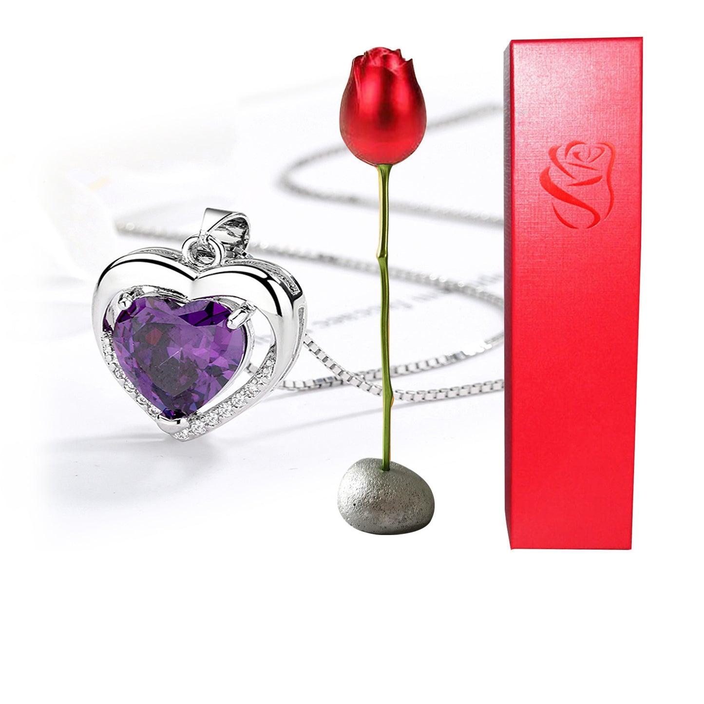 Collier avec pendentif en forme de cœur en cristal bleu violet et diamant en forme de tête de rose pour la Saint-Valentin