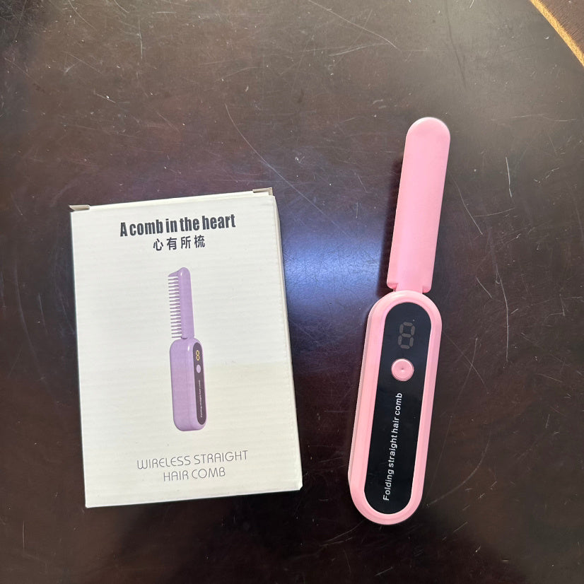 Lisseur de cheveux portable à ions négatifs avec chargement sans fil et peigne droit.