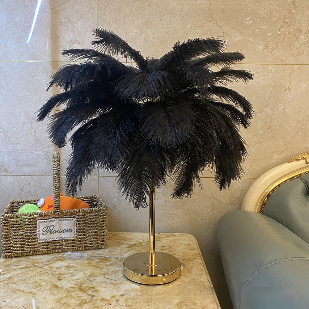 Lampe de nuit à chargement USB en plumes d'autruche naturelles, atmosphère pour la chambre des filles, véritable plumes.