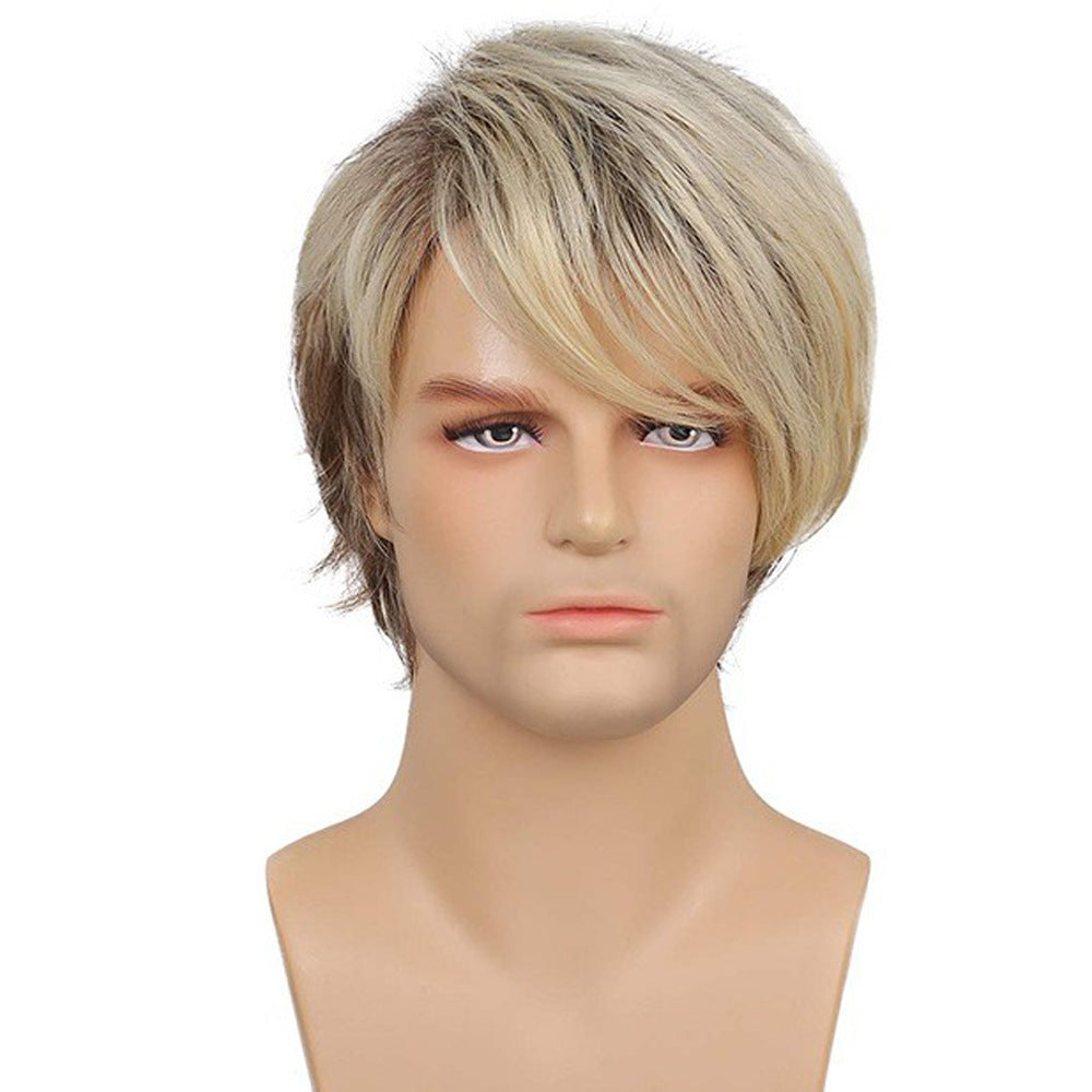Perruque courte pour homme avec frange partielle dorée et brune